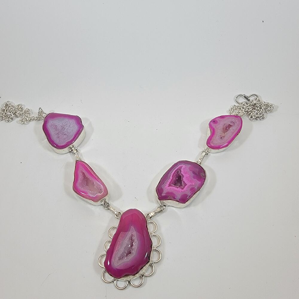 Handmade Pink Agate Necklace in Sterling Silver Artisan Gemstone Unique Jewelry